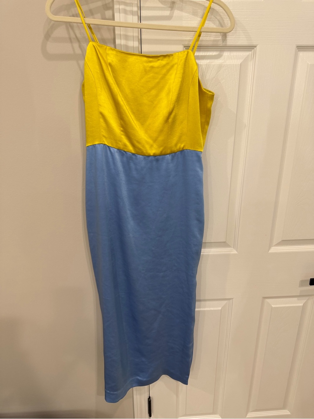 Ramy Brook Yellow & Light Blue Satin Colorblock Midi Skirt - Picture 2 of 9